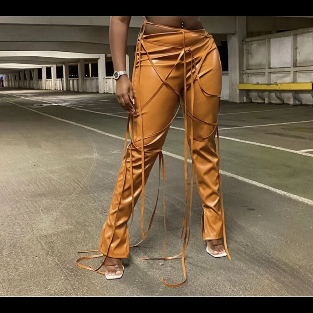 Camel Leather Tassel Trousers - Picture 1 of 1